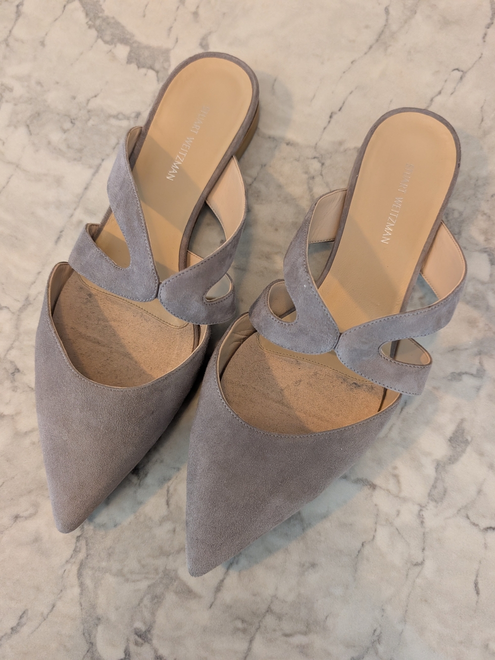 Stuart Weitzman Suede Pointed-Toe Flat in Light Gray, 7.5